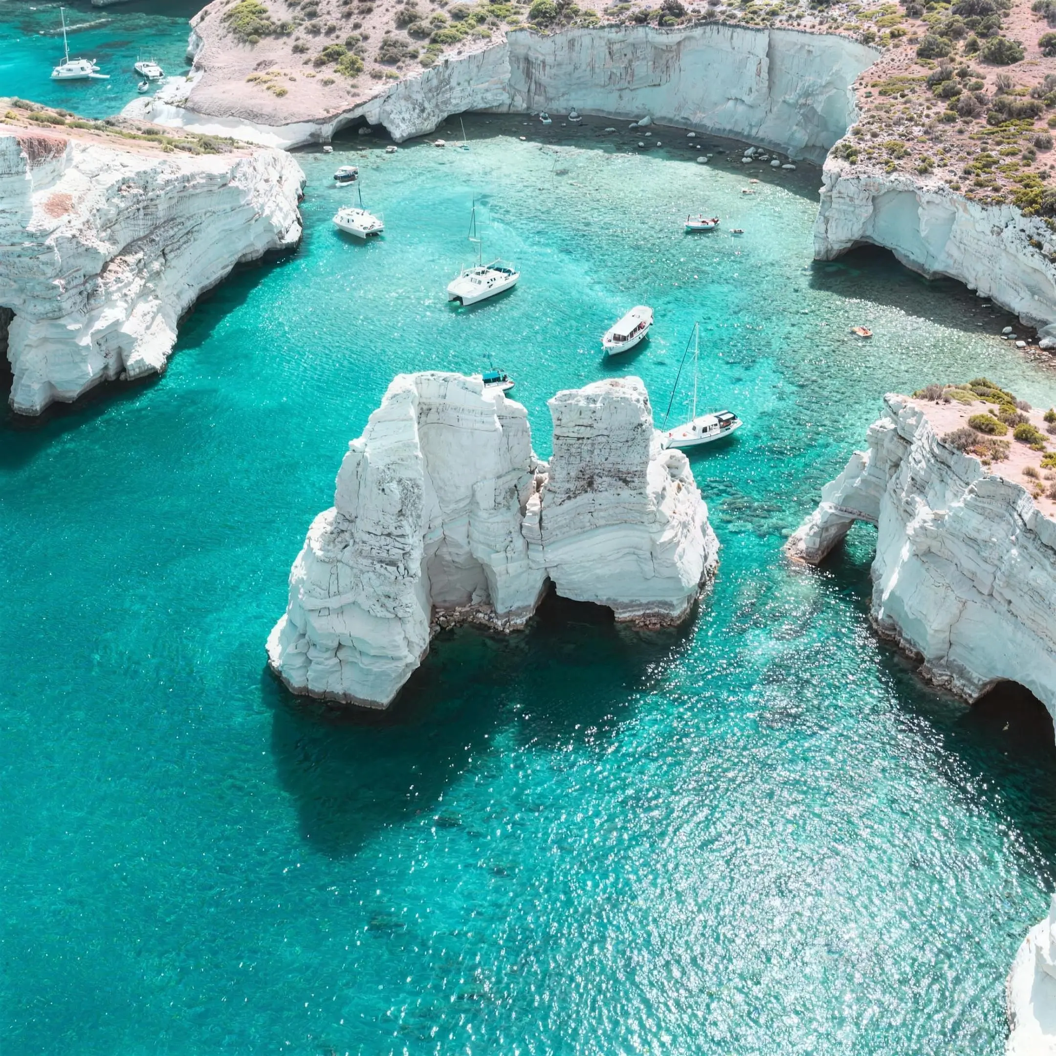 aerial view of yacht near Kleftiko, Milos island tour