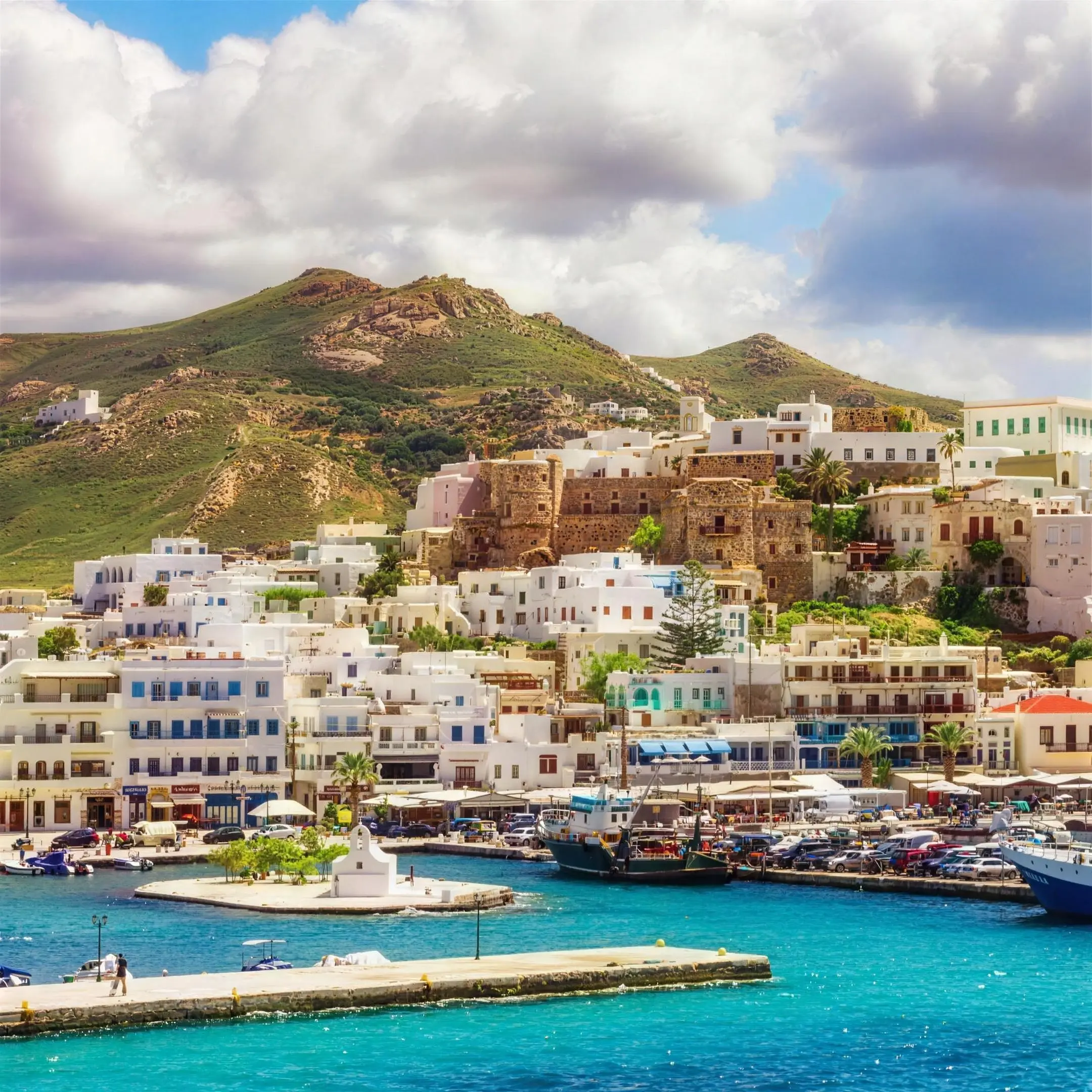 harbor of Naxos island, motor yacht cruise view