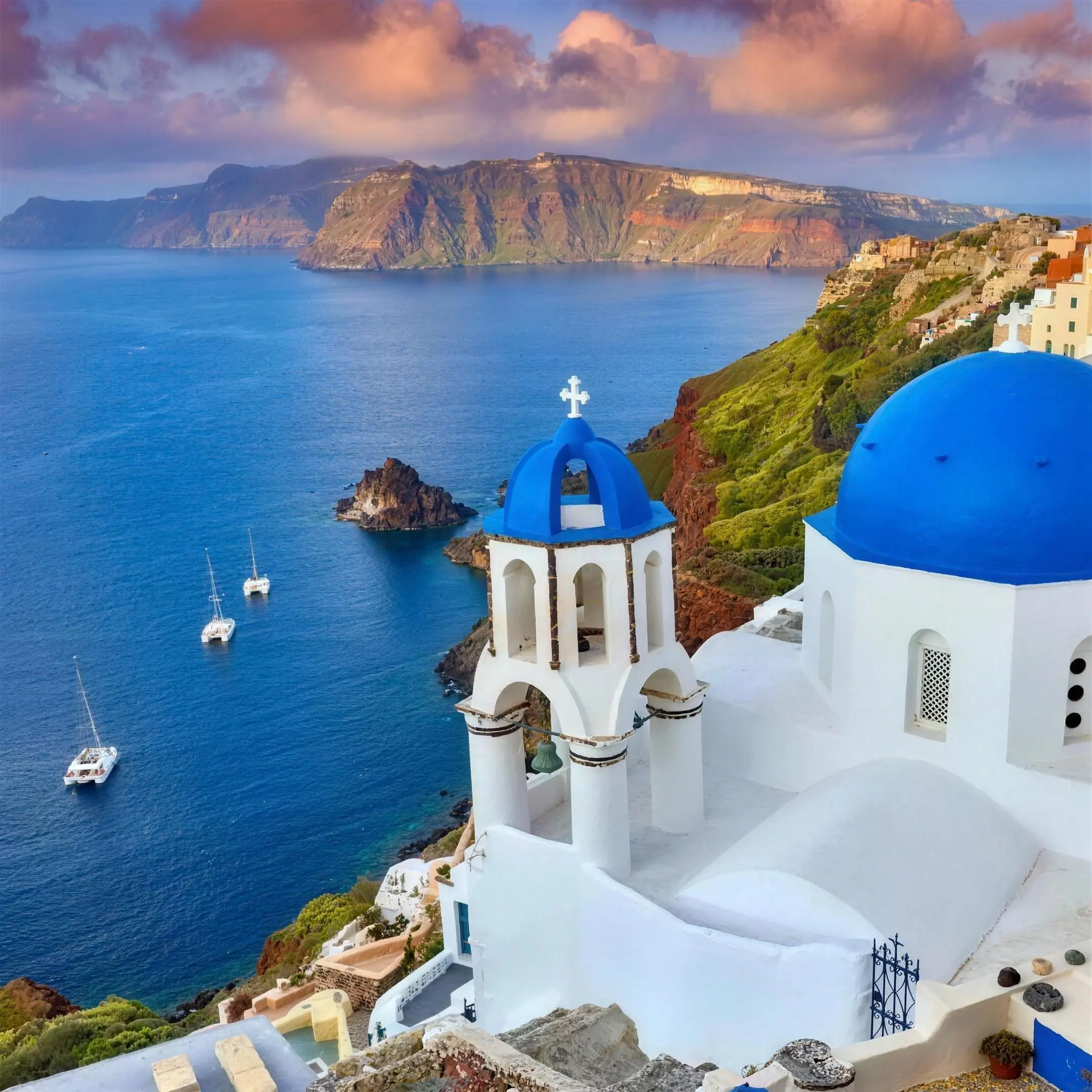 yacht cruise sailing by Santorini caldera and cliffs