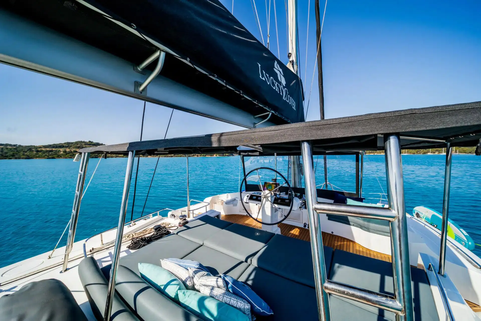 The flybridge of Lucky Clover, the Lagoon 52F crewed charter catamaran