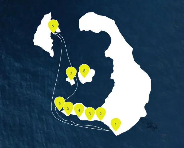 Route map of the Platinum catamaran cruise around Santorini, with the stop at Thirassia Island